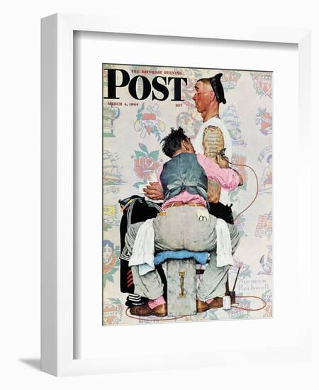 "Tattoo Artist" Saturday Evening Post Cover, March 4,1944-Norman Rockwell-Framed Premium Giclee Print
