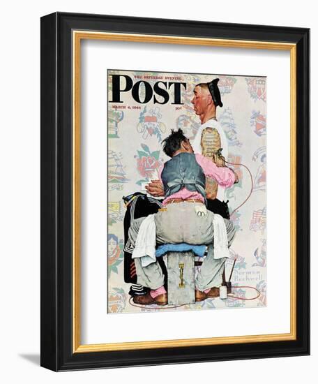 "Tattoo Artist" Saturday Evening Post Cover, March 4,1944-Norman Rockwell-Framed Premium Giclee Print
