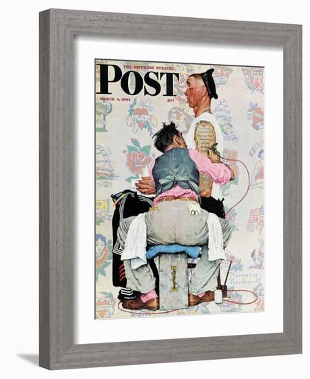 "Tattoo Artist" Saturday Evening Post Cover, March 4,1944-Norman Rockwell-Framed Giclee Print