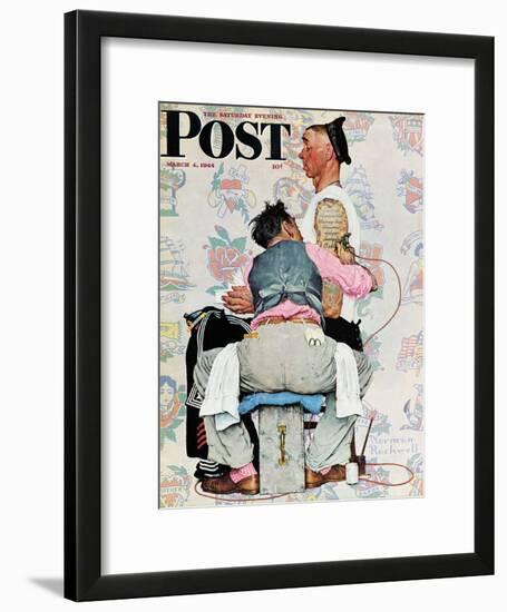 "Tattoo Artist" Saturday Evening Post Cover, March 4,1944-Norman Rockwell-Framed Giclee Print