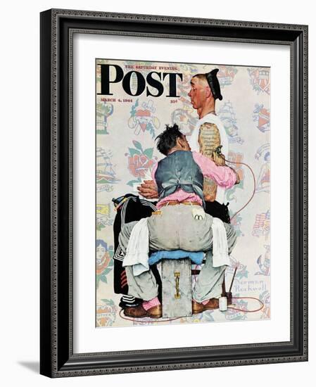 "Tattoo Artist" Saturday Evening Post Cover, March 4,1944-Norman Rockwell-Framed Giclee Print