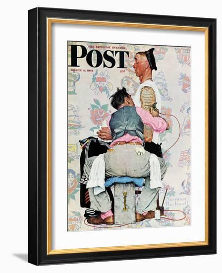 "Tattoo Artist" Saturday Evening Post Cover, March 4,1944-Norman Rockwell-Framed Giclee Print