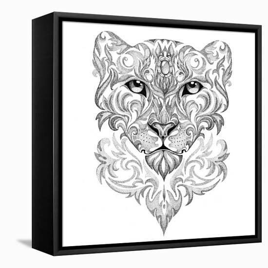 Tattoo Snow Leopard, Panther, Cat, with Patterns and Ornaments-Vensk-Framed Stretched Canvas