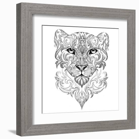 Tattoo Snow Leopard, Panther, Cat, with Patterns and Ornaments-Vensk-Framed Art Print