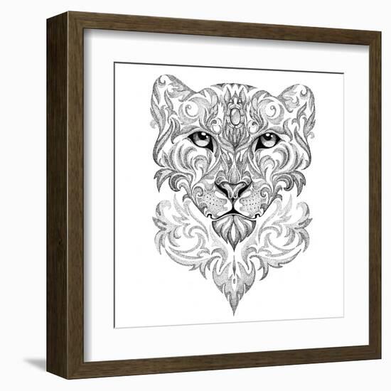 Tattoo Snow Leopard, Panther, Cat, with Patterns and Ornaments-Vensk-Framed Art Print