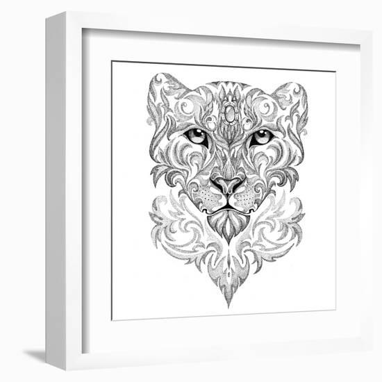 Tattoo Snow Leopard, Panther, Cat, with Patterns and Ornaments-Vensk-Framed Art Print