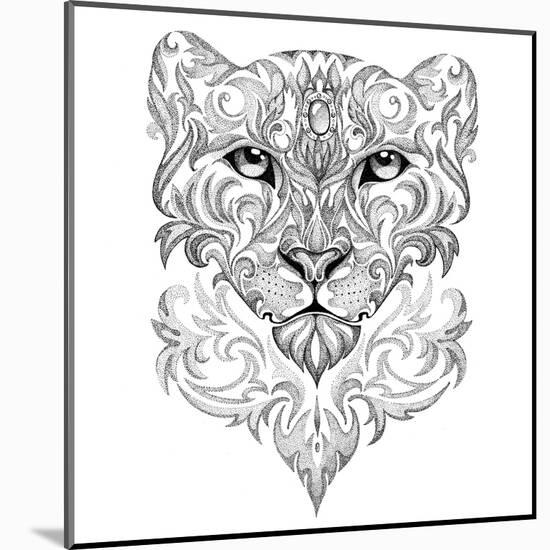 Tattoo Snow Leopard, Panther, Cat, with Patterns and Ornaments-Vensk-Mounted Art Print