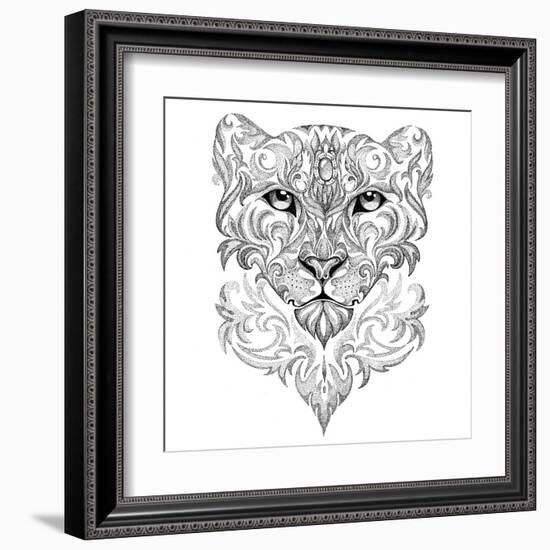 Tattoo Snow Leopard, Panther, Cat, with Patterns and Ornaments-Vensk-Framed Art Print