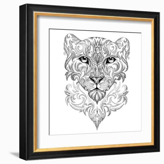 Tattoo Snow Leopard, Panther, Cat, with Patterns and Ornaments-Vensk-Framed Art Print