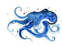 Blue Octopus Silhouette Watercolor Sketch. Wildlife Art Illustration. Watercolor Graphic for Fabric-Tatyana Komtsyan-Art Print