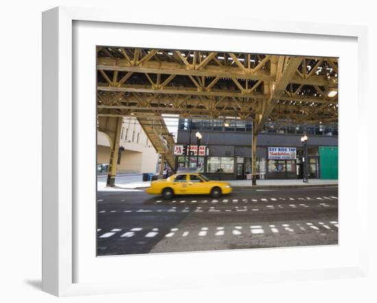 Taxi on a Road under the El, Elevated Train System, the Loop, Chicago, Illinois, USA-Amanda Hall-Framed Photographic Print