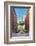 Taxi passing under the Manhattan bridge with the Empire state building framed in the bridge, New Yo-Jordan Banks-Framed Photographic Print