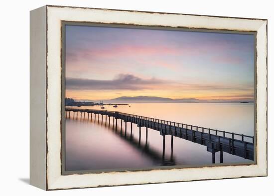 Taylor Dock Boardwalk during twilight afterglow, Boulevard Park Bellingham, Washington State-Alan Majchrowicz-Framed Premier Image Canvas