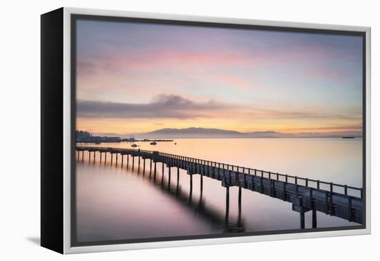 Taylor Dock Boardwalk during twilight afterglow, Boulevard Park Bellingham, Washington State-Alan Majchrowicz-Framed Premier Image Canvas