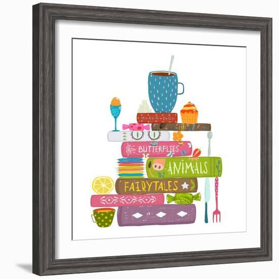Tea Drinking Eating Pastry and Reading Books Cosy Illustration. Books Reading and Sweets Colorful T-Popmarleo-Framed Premium Giclee Print