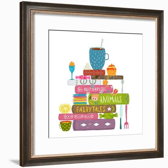 Tea Drinking Eating Pastry and Reading Books Cosy Illustration. Books Reading and Sweets Colorful T-Popmarleo-Framed Premium Giclee Print