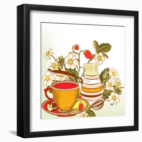 Tea or Coffee Vector Background with Cup and Strawberry-mashakotcur-Framed Art Print