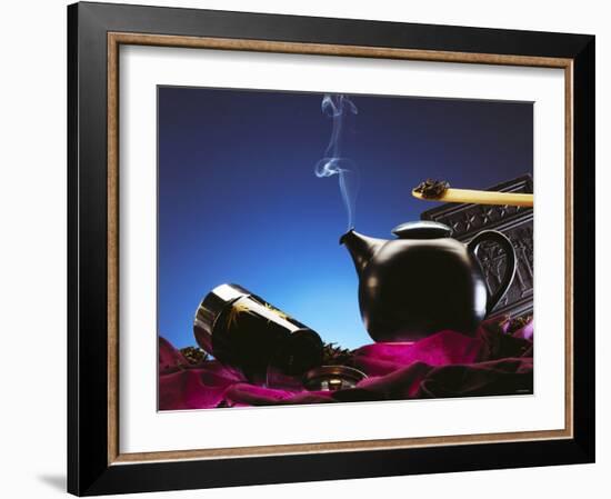 Tea Scene with a Steaming Tea Kettle and Tea Leaves-Chris Meier-Framed Photographic Print