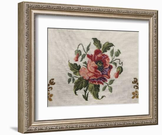 Tea Tablecloth, Embroidered in Cross-Stitch on Linen, Depicting Bunch of Poppies, 1800-null-Framed Giclee Print