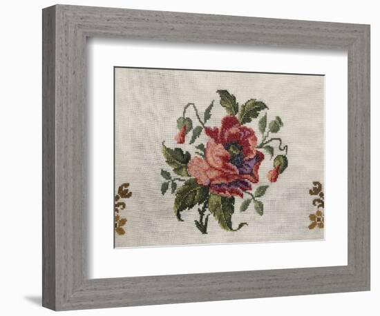 Tea Tablecloth, Embroidered in Cross-Stitch on Linen, Depicting Bunch of Poppies, 1800-null-Framed Giclee Print
