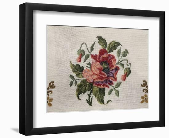 Tea Tablecloth, Embroidered in Cross-Stitch on Linen, Depicting Bunch of Poppies, 1800-null-Framed Giclee Print