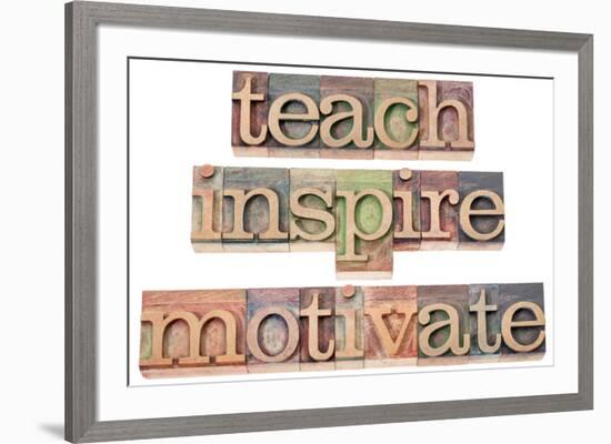 Teach, Inspire, Motivate - A Collage Of Isolated Words In Vintage Letterpress Wood Type-PixelsAway-Framed Art Print