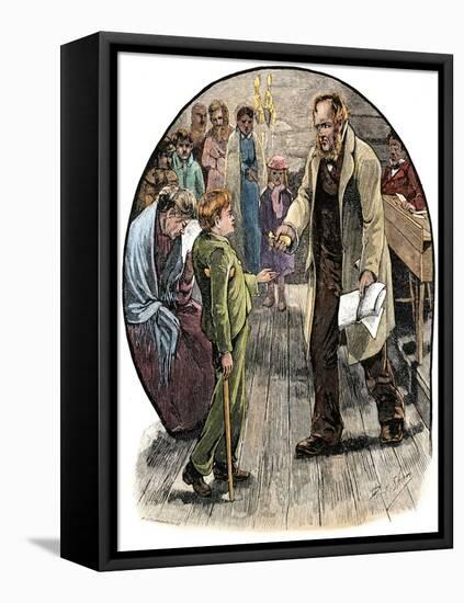 Teacher Awarding a Prize to a Boy with a Crutch, 1800S - Hand-Colored Woodcut of a 19Th Century Ill-null-Framed Premier Image Canvas