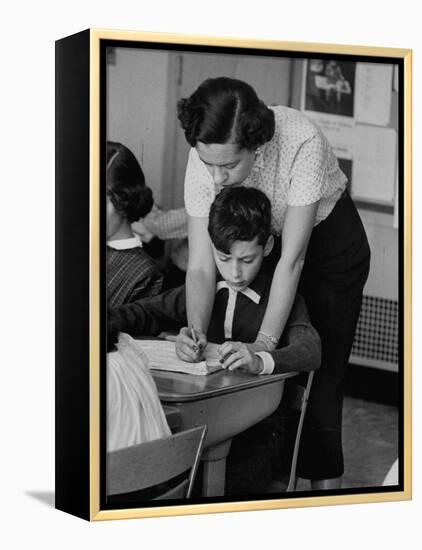 Teacher Correcting a Student's Grammar in a Book Report-Allan Grant-Framed Premier Image Canvas