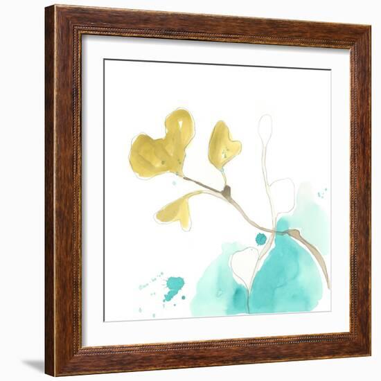 Teal and Ochre Ginko V-June Vess-Framed Art Print