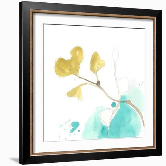 Teal and Ochre Ginko V-June Vess-Framed Art Print