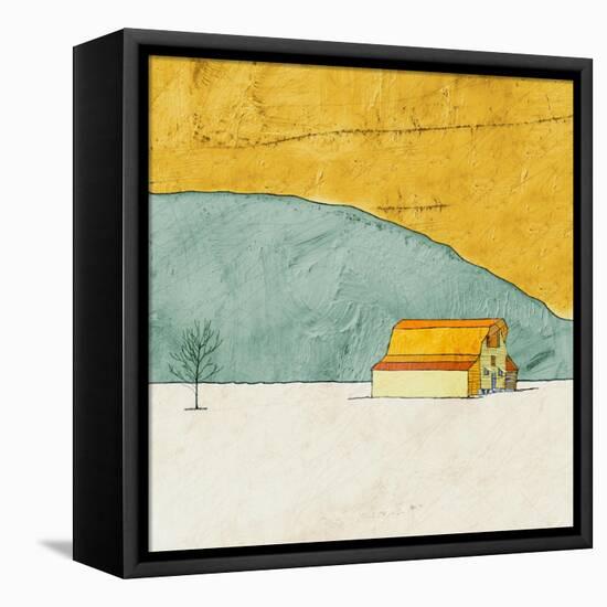 Teal and Yellow Barn-Ynon Mabat-Framed Stretched Canvas