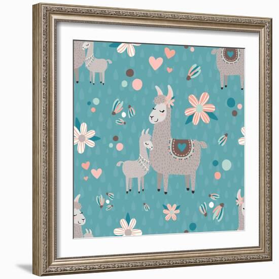 Teal Mama Llama Pattern-Lisa Norris Artworks-Framed Art Print