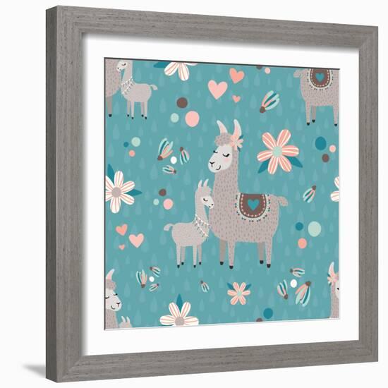 Teal Mama Llama Pattern-Lisa Norris Artworks-Framed Art Print