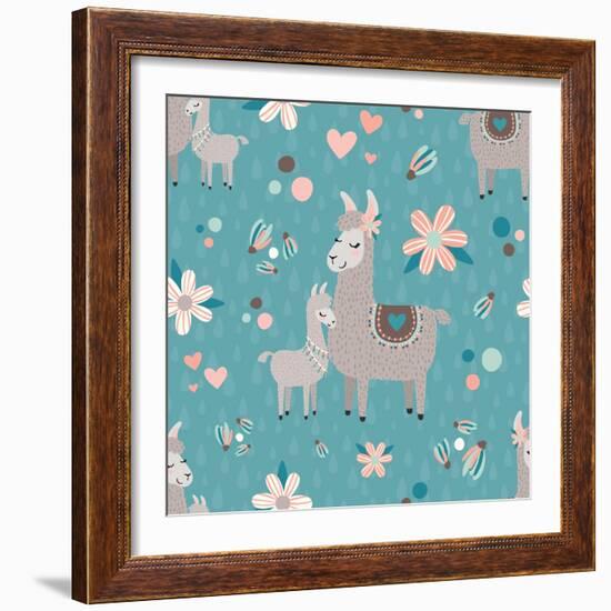 Teal Mama Llama Pattern-Lisa Norris Artworks-Framed Art Print