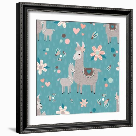 Teal Mama Llama Pattern-Lisa Norris Artworks-Framed Art Print