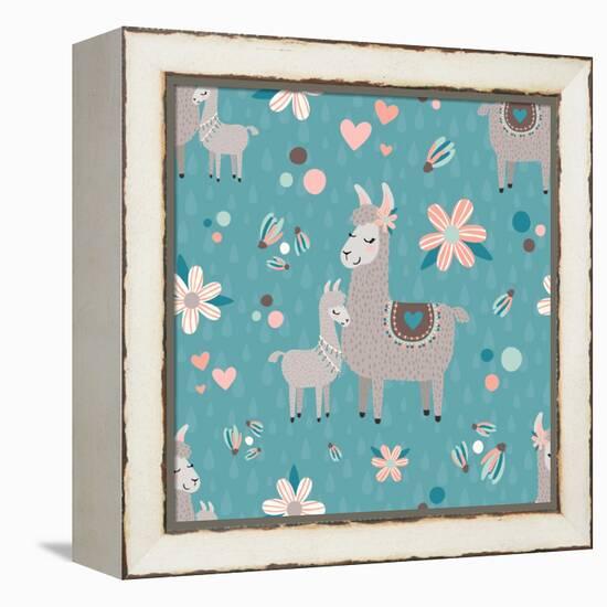 Teal Mama Llama Pattern-Lisa Norris Artworks-Framed Stretched Canvas