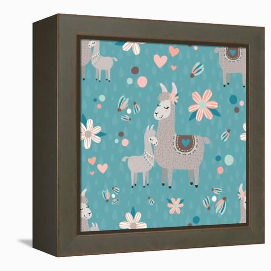 Teal Mama Llama Pattern-Lisa Norris Artworks-Framed Stretched Canvas