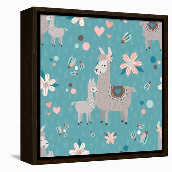 Teal Mama Llama Pattern-Lisa Norris Artworks-Framed Stretched Canvas