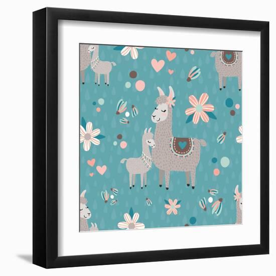 Teal Mama Llama Pattern-Lisa Norris Artworks-Framed Art Print