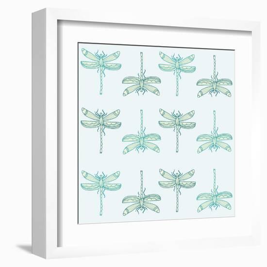 Teal Pattern with Dragonflies-ameu-Framed Art Print