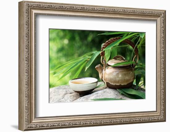 Teapot and Cups on Stone with Bamboo Leaves.-Liang Zhang-Framed Photographic Print