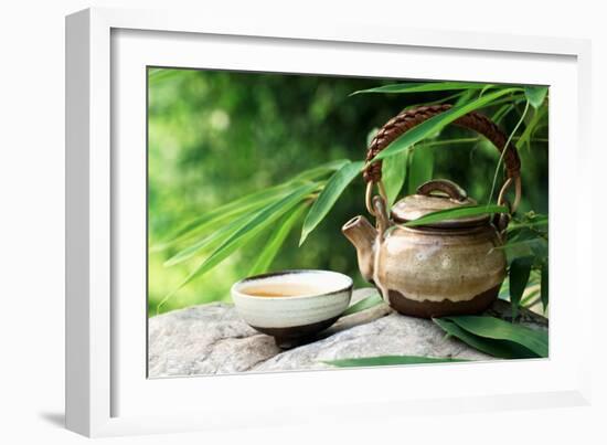 Teapot and Cups on Stone with Bamboo Leaves.-Liang Zhang-Framed Photographic Print