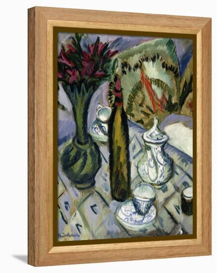 Teapot, Bottle and Red Flowers; Teekanne, Flasche Und Rote Blumen, 1912-Ernst Ludwig Kirchner-Framed Premier Image Canvas