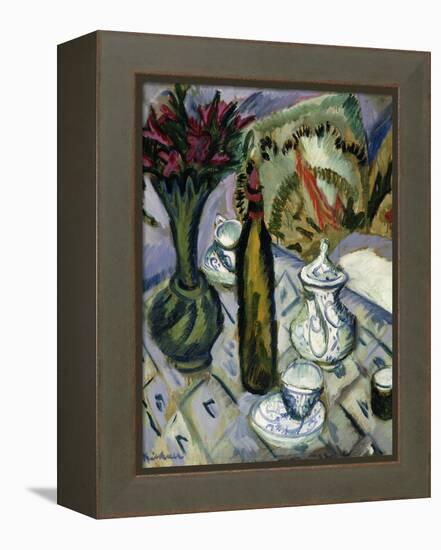 Teapot, Bottle and Red Flowers; Teekanne, Flasche Und Rote Blumen, 1912-Ernst Ludwig Kirchner-Framed Premier Image Canvas