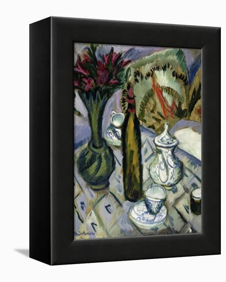 Teapot, Bottle and Red Flowers; Teekanne, Flasche Und Rote Blumen, 1912-Ernst Ludwig Kirchner-Framed Premier Image Canvas