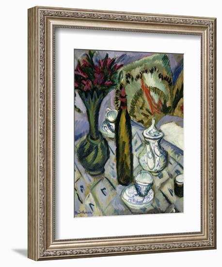 Teapot, Bottle and Red Flowers; Teekanne, Flasche Und Rote Blumen, 1912-Ernst Ludwig Kirchner-Framed Giclee Print