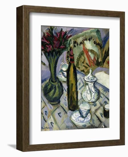 Teapot, Bottle and Red Flowers; Teekanne, Flasche Und Rote Blumen, 1912-Ernst Ludwig Kirchner-Framed Giclee Print