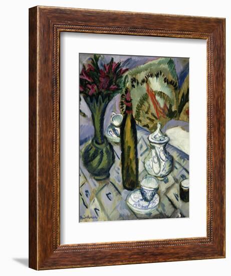 Teapot, Bottle and Red Flowers; Teekanne, Flasche Und Rote Blumen, 1912-Ernst Ludwig Kirchner-Framed Giclee Print