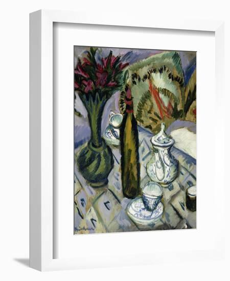 Teapot, Bottle and Red Flowers; Teekanne, Flasche Und Rote Blumen, 1912-Ernst Ludwig Kirchner-Framed Giclee Print