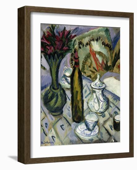 Teapot, Bottle and Red Flowers; Teekanne, Flasche Und Rote Blumen, 1912-Ernst Ludwig Kirchner-Framed Giclee Print